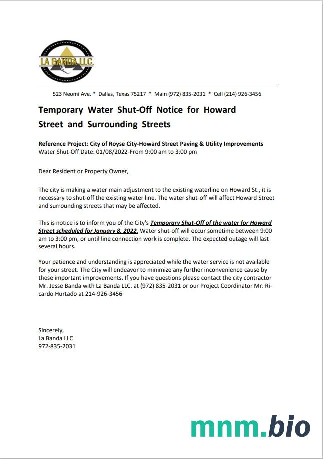 USA Texas La Banda  pożytek woda shut off notice, Word i PDF template